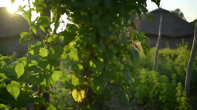 Lush Green Plants Grow in Rows near Traditional Thatched Hut under a Bright Sun in the Countryside for Rural Farm Cultivation with Low Angle Ground Level View