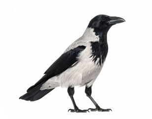 A crow with black and grey feathers standing proudly
