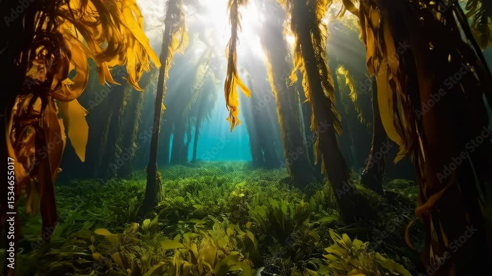 Poster sunlight filters through an underwater kelp forest, illuminating a verdant ocean floor and creating 