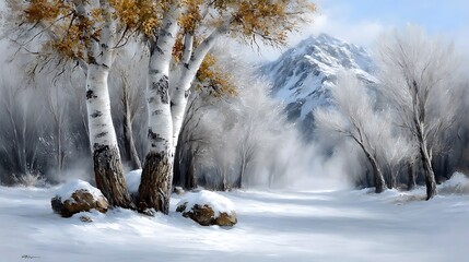 A dense winter forest with white birch trees, mist hanging low between trunks, and snow covering the forest floor