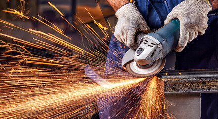 Worker cutting metal hand work angle grinder sparks