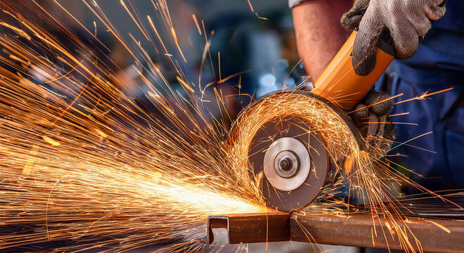 Worker cutting metal hand work angle grinder sparks