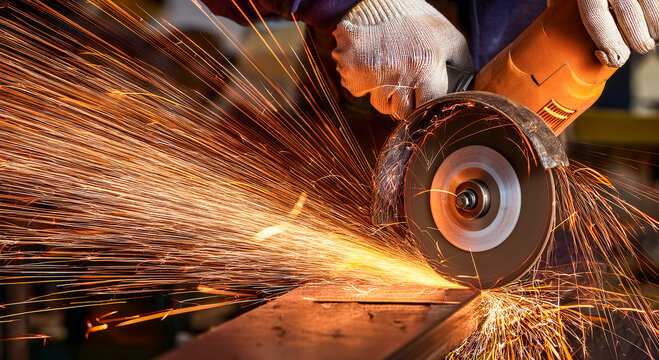Worker cutting metal hand work angle grinder sparks