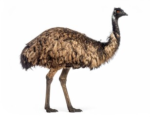 Emu in Profile: A detailed portrait of an emu bird in profile, highlighting its unique plumage and long legs, against a clean background, capturing its distinctive stature and wild charm.