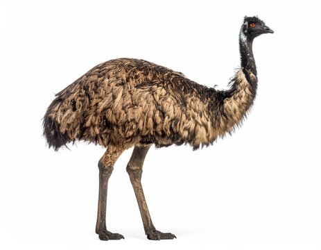 Emu in Profile: A detailed portrait of an emu bird in profile, highlighting its unique plumage and long legs, against a clean background, capturing its distinctive stature and wild charm.