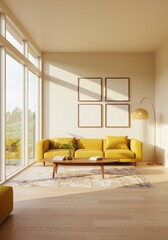 Sunny Modern Living Room with Vibrant Yellow Sofa and Four Blank Frame Mockups