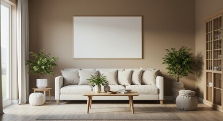 Neutral Modern Living Room with Blank Frame for Frame Mockup