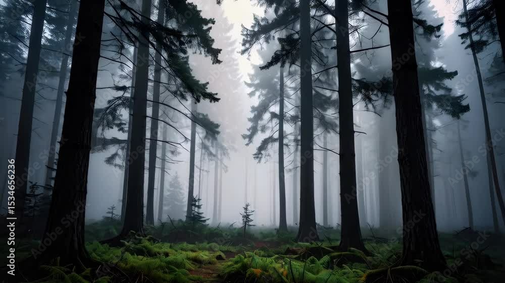 Poster spruce trees stand tall in a foggy forest. moss carpets the forest floor in an enchanting woodland s