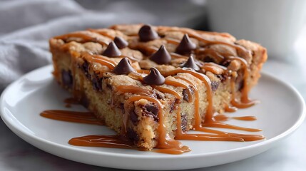 Decadent Chocolate Chip Cookie Bars with Caramel Drizzle on a White Plate