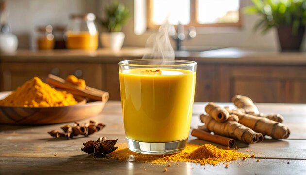 A steaming glass of golden milk sits on a wooden table surrounded by turmeric powder, cinnamon sticks, star anise, and raw turmeric root in a cozy kitchen setting.