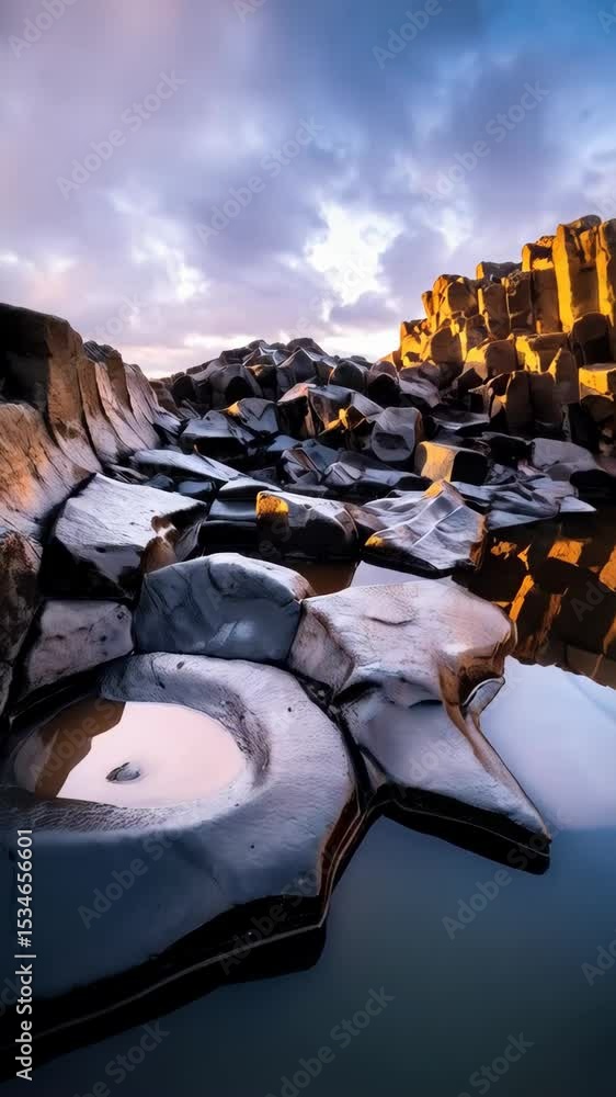 Poster dramatic basalt columns reflect in tide pools under a cloudy sky at sunset, creating a striking cont