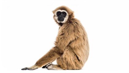 Obraz premium Curious Gaze of a Gibbon: An up-close, full-length portrait of a gibbon. The primate, with its expressive face and captivating eyes, sits elegantly, projecting curiosity and calm.