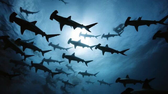 Silhouettes of sharks in the ocean, a group of hammerhead sharks swimming around.