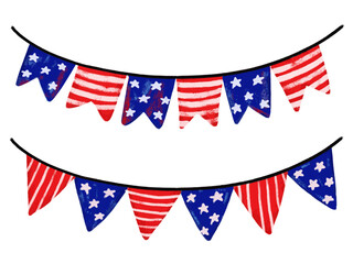 Set collection of Cute hand drawn 4th of july usa america independence day bunting flag garland blue navy red crayon watercolor brush grunge patriotic theme doodle kids illustration design clipart