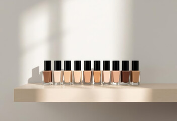 A row of nail polish bottles in various skin tones displayed on a wooden shelf against a light wall. The bottles have black caps and clear glass bodies. copy space
