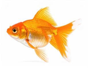 Fototapeta premium Golden Fish in Focus: A stunning close-up of a vibrant orange goldfish glides gracefully, its scales shimmering with a captivating gleam, highlighting its elegance and the enchantment of aquatic life.