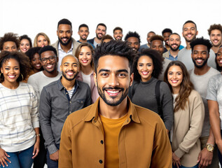 Diverse Crowd of Happy People on White Background Celebrating Together in Realistic Style

