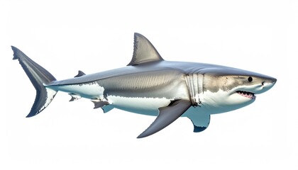 Naklejka premium A great white shark swims in the deep blue ocean, showcasing its power and majesty. The shark has sharp teeth and is a symbol of the wild.