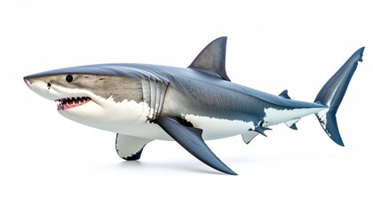 Obraz premium A close-up view of a great white shark, showcasing its powerful form and razor-sharp teeth. The shark appears ready to strike, its presence filling the frame