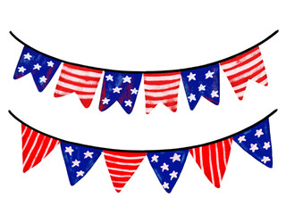Set collection of Cute hand drawn 4th of july usa america independence day bunting flag garland blue navy red crayon watercolor brush grunge patriotic theme doodle kids illustration design png clipart