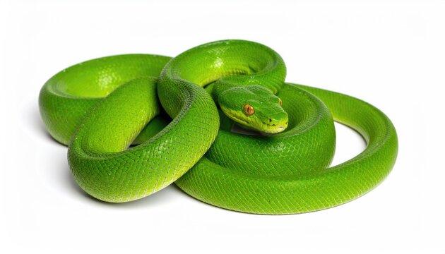 Vibrant green snake coiled gracefully. The snake's bright color stands out, highlighting its scales and unique form