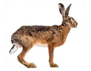A detailed shot of a brown hare standing and facing left side. Its posture reveals a focused and observant demeanor.