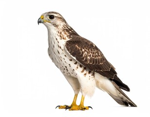 Fototapeta premium A hawk with sharp eyesight standing and looking towards left direction. It has brown and white feathers with yellow legs and a hooked beak.