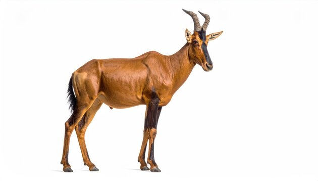 A side view of a hartebeest. This image highlights the animal's slender physique and impressive horns