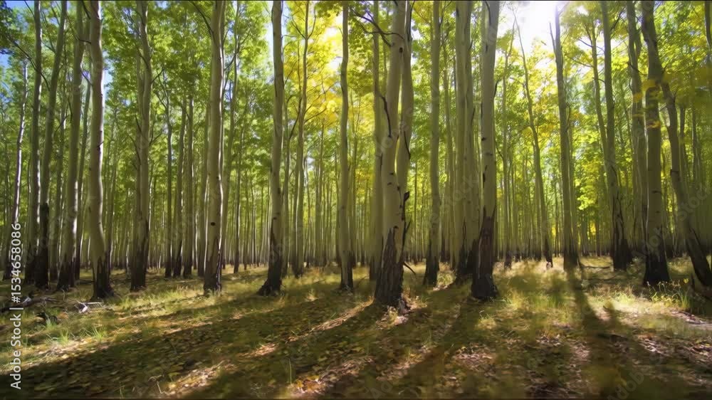 Aufkleber sunlight filtering through a dense grove of aspen trees casting long shadows in forest during daytim