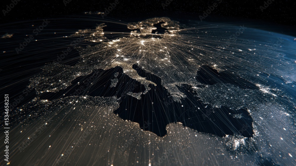 Poster innovation concept illuminated map of europe with light trails representing connectivity and network