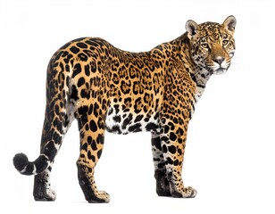Naklejka premium Jaguar: A stunning, regal jaguar stands confidently, its distinctive coat of rosettes a testament to its beauty, as it gazes steadily.