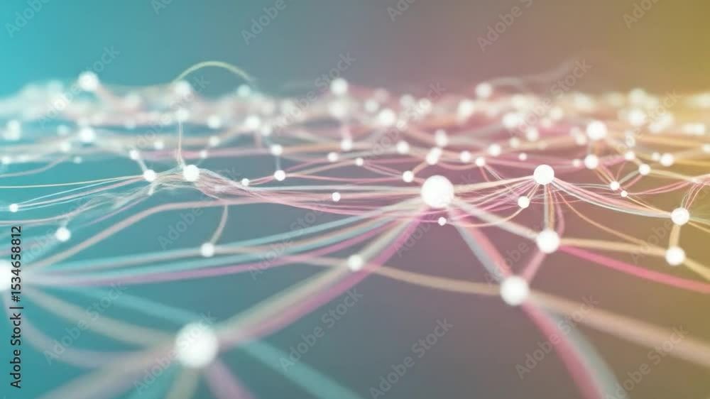 Poster pastel network of glowing nodes and connecting lines forming a complex, three-dimensional structure