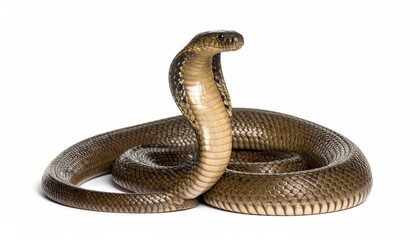 Royal Cobra in Alert Stance: A regal cobra snake displays its iconic hood, coiled and alert, in a photorealistic portrayal of its majesty, capturing the essence of the wild's mesmerizing beauty.