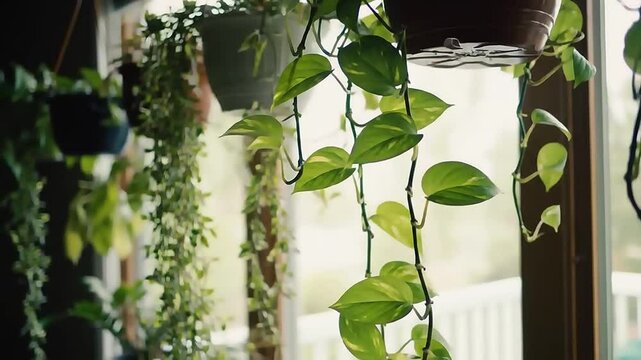 A row of hanging plants with trailing vines