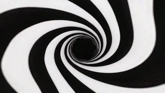 Infinite tunnel of black and white spirals spinning hypnotically, optical illusion effect