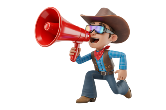 Cartoon cowboy shouting into red megaphone with sunglasses and bandana and hat on white background