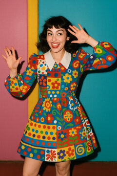Joyful Woman in Vibrant Patchwork Floral Retro Dress Posing Against Colorful Background