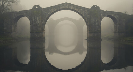 Ancient Stone Bridge Over Foggy River