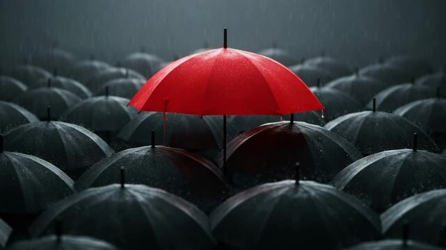 Red umbrella standing out among black umbrellas in rainstorm  