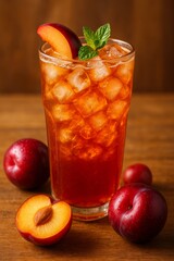 Plum iced tea is very delicious with peaches and ice