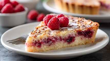 Slice of Raspberry Tart with Almond Crust on a White Plate