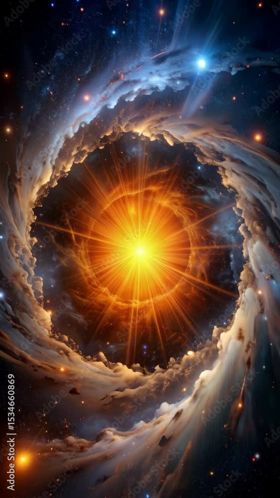 Poster dramatic view of a space nebula with a bright star core surrounded by swirling clouds of interstella