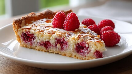 Delicious Raspberry Tart Slice with Fresh Berries on a White Plate