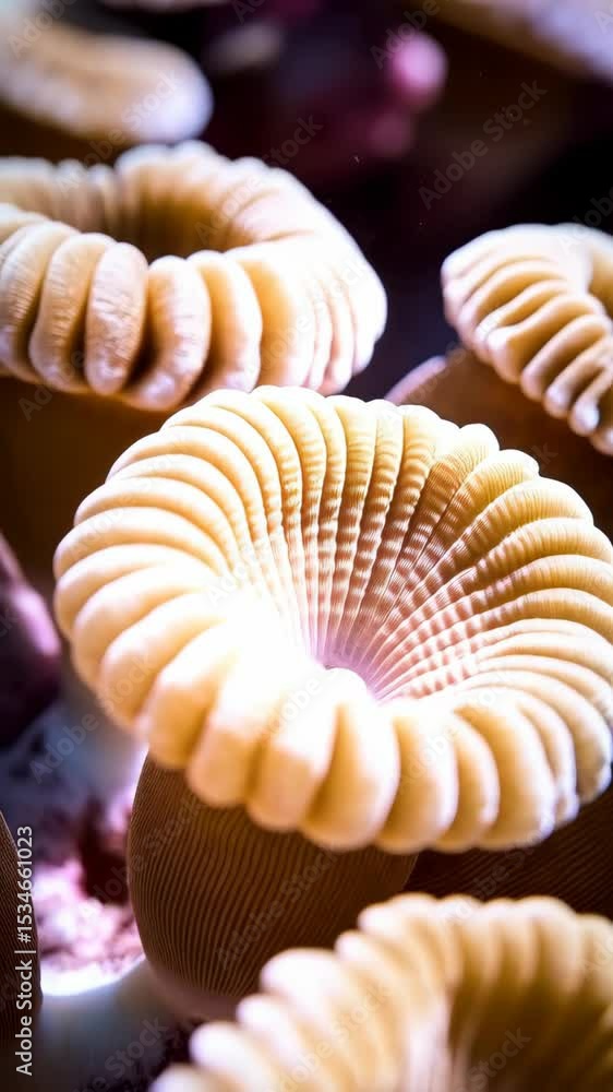 Poster abstract close-up of beige and tan mushroom coral polyps in an underwater environment featuring intr