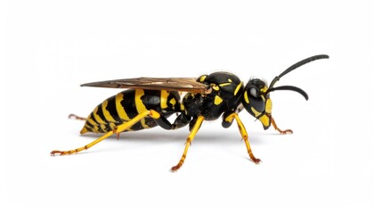 Wasp in Detail: A detailed macro shot presents a wasp, showcasing its intricate features and striking black and yellow stripes against a clean backdrop.