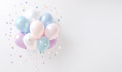 White background with pastel blue, pink, green and violet balloons and star decorations