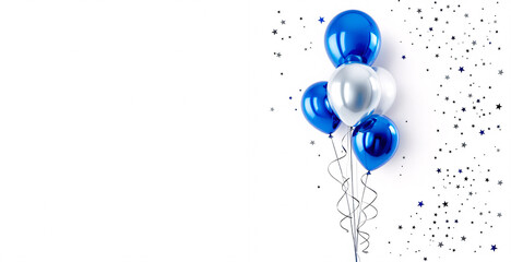 White background with blue, silver and glitter bubbles and star decorations
