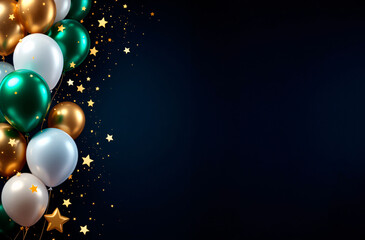 Dark blue background with gold, green and white balloons and star decorations