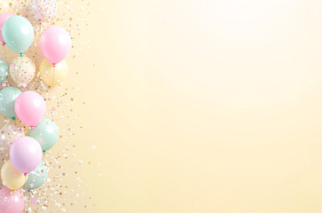 Light yellow background with pink, green, white and yellow balloons and confetti
