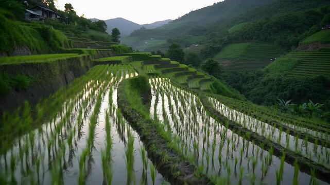 Rice Terraces Reflecting Sunset Light Lush Green Valley in Eye Level Angle Perfect for Decoration and Symbolizes World Environment Day Celebration